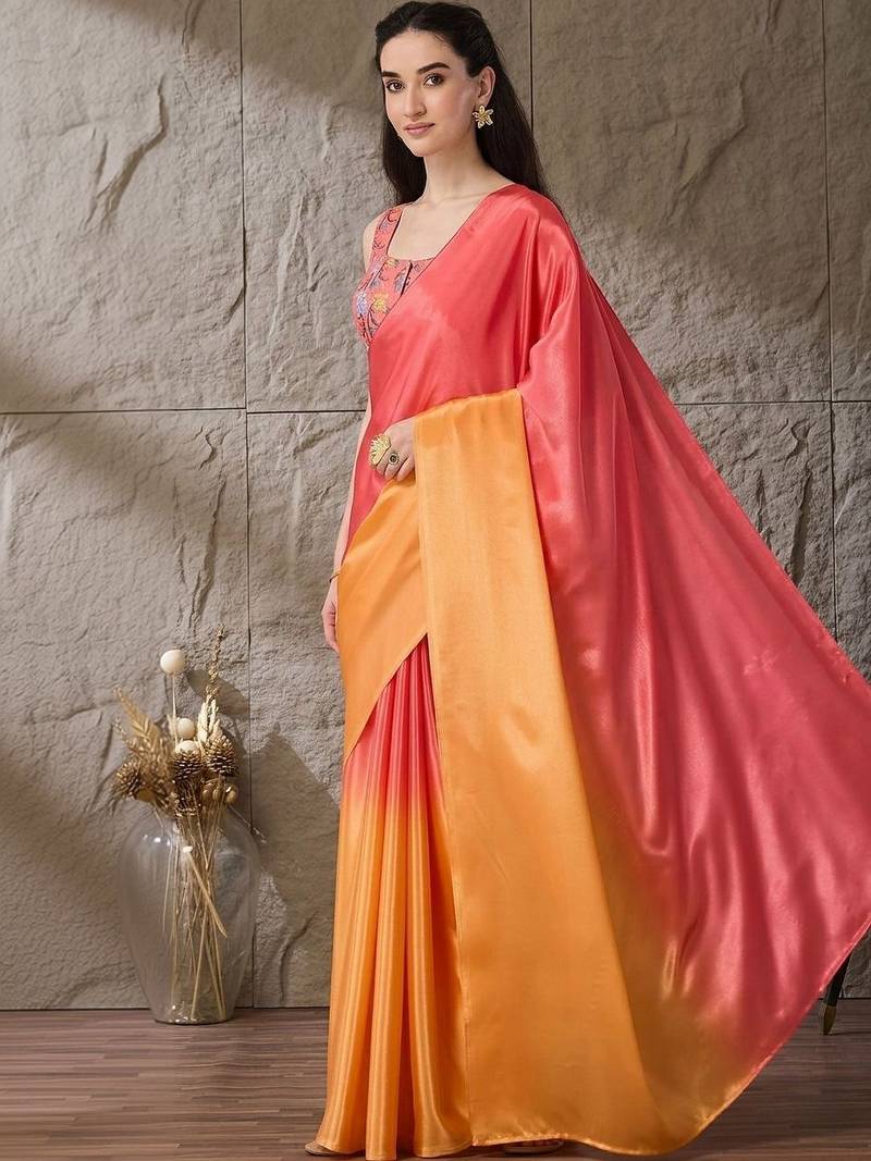 Multi plain satin designer saree with blouse piece