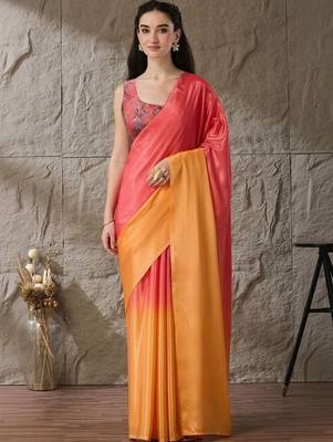 Multi plain satin designer saree with blouse piece 2