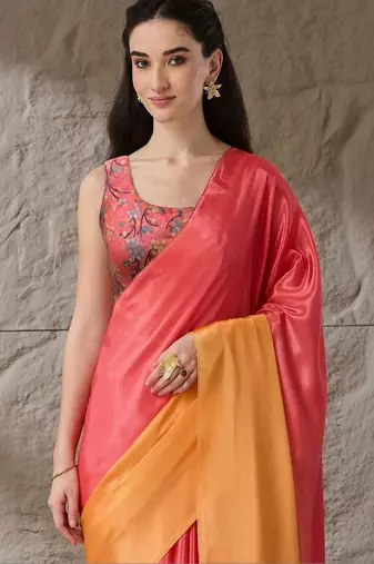 Multi plain satin designer saree with blouse piece