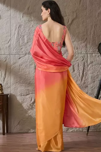 Multi plain satin designer saree with blouse piece