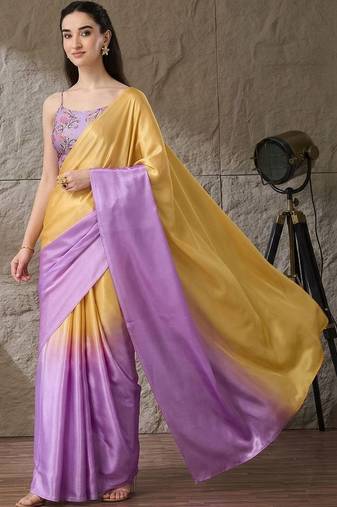 Multi plain satin designer saree with blouse piece