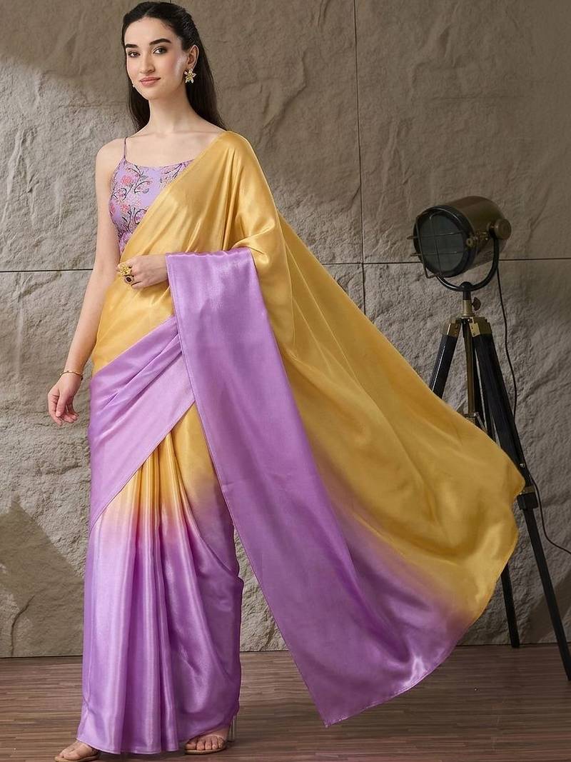 Multi plain satin designer saree with blouse piece