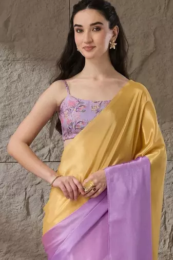 Multi plain satin designer saree with blouse piece