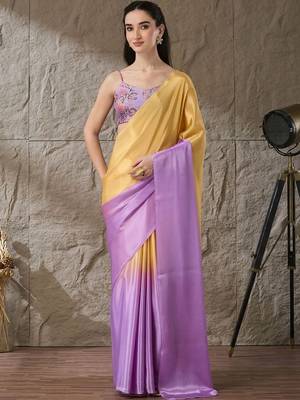 Multi plain satin designer saree with blouse piece 3