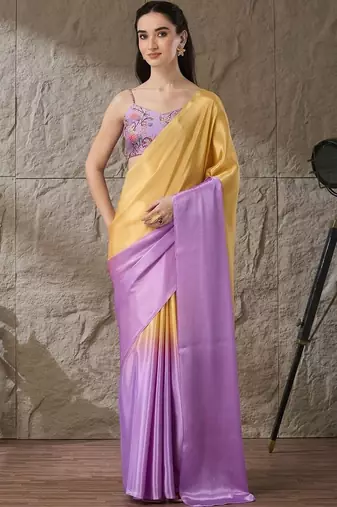 Multi plain satin designer saree with blouse piece