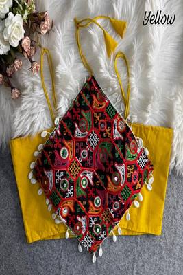 Women's yellow navratri blouse | kutchi embroidered noodles strap choli | hand mirror work cotton blouse 1