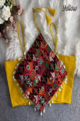 Women's yellow navratri blouse | kutchi embroidered noodles strap choli | hand mirror work cotton blouse