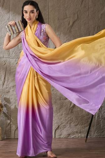 Multi plain satin designer saree with blouse piece