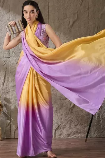 Multi plain satin designer saree with blouse piece