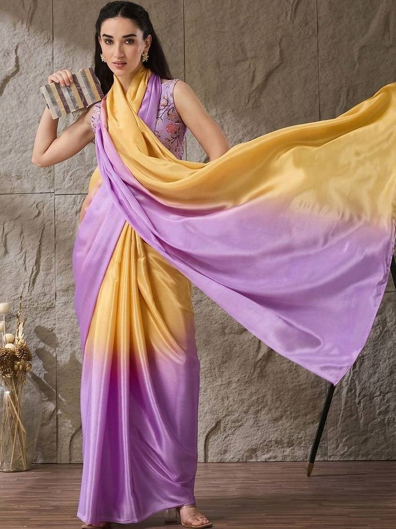 Multi plain satin designer saree with blouse piece