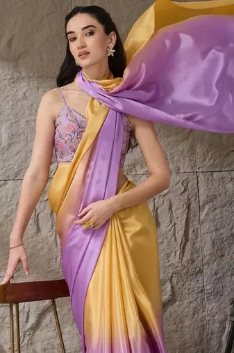 Multi plain satin designer saree with blouse piece