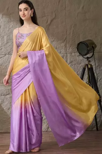 Multi plain satin designer saree with blouse piece