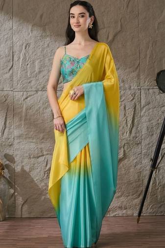 Multi plain satin designer saree with blouse piece