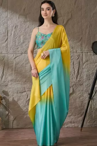 Multi plain satin designer saree with blouse piece