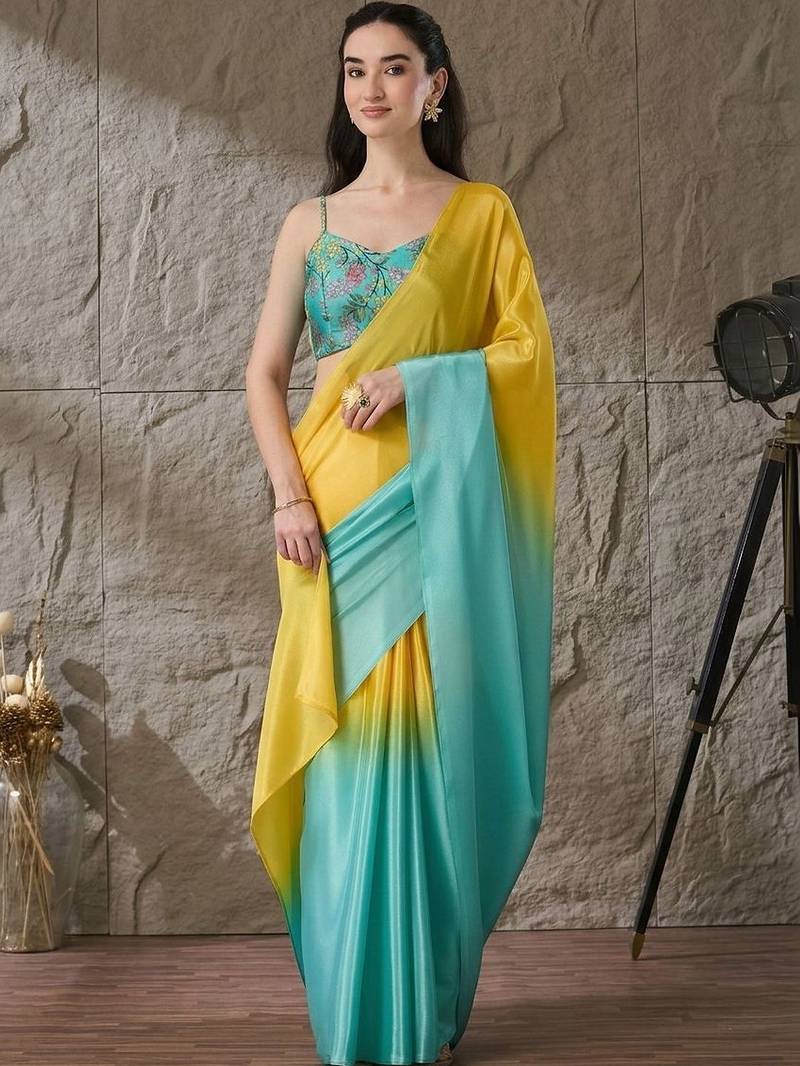 Multi plain satin designer saree with blouse piece