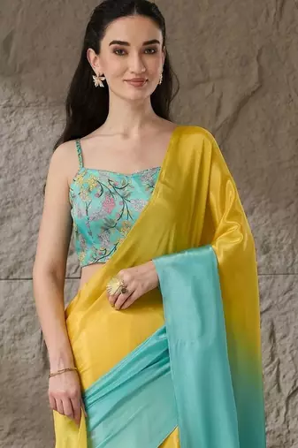 Multi plain satin designer saree with blouse piece