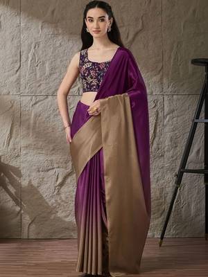 Purple plain satin designer saree with blouse piece 1