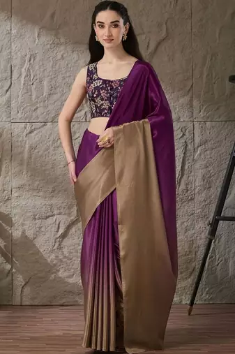 Purple plain satin designer saree with blouse piece