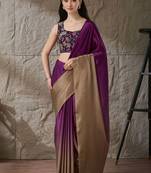 Purple plain satin designer saree with blouse piece