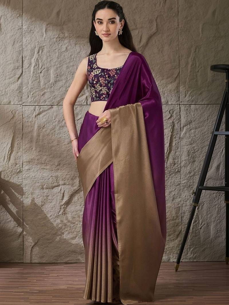 Purple plain satin designer saree with blouse piece
