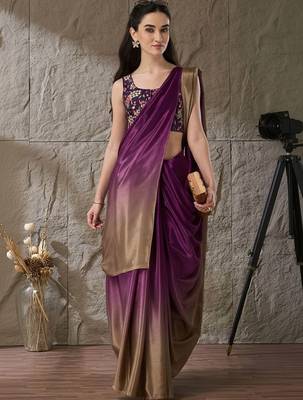 Purple plain satin designer saree with blouse piece 2