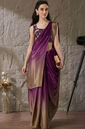 Purple plain satin designer saree with blouse piece