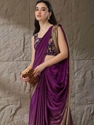 Purple plain satin designer saree with blouse piece 3