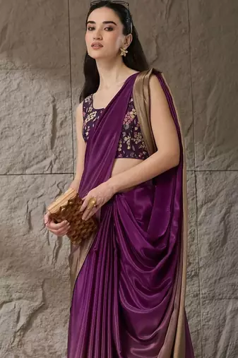 Purple plain satin designer saree with blouse piece