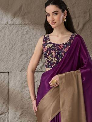 Purple plain satin designer saree with blouse piece 4