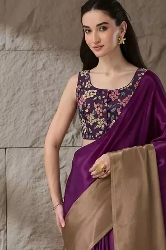 Purple plain satin designer saree with blouse piece