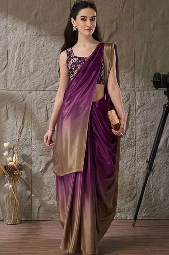 Purple plain satin designer saree with blouse piece
