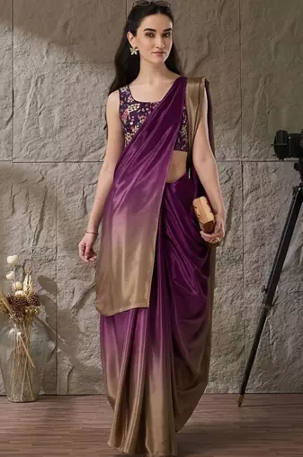 Purple plain satin designer saree with blouse piece
