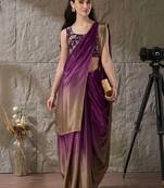 Purple plain satin designer saree with blouse piece
