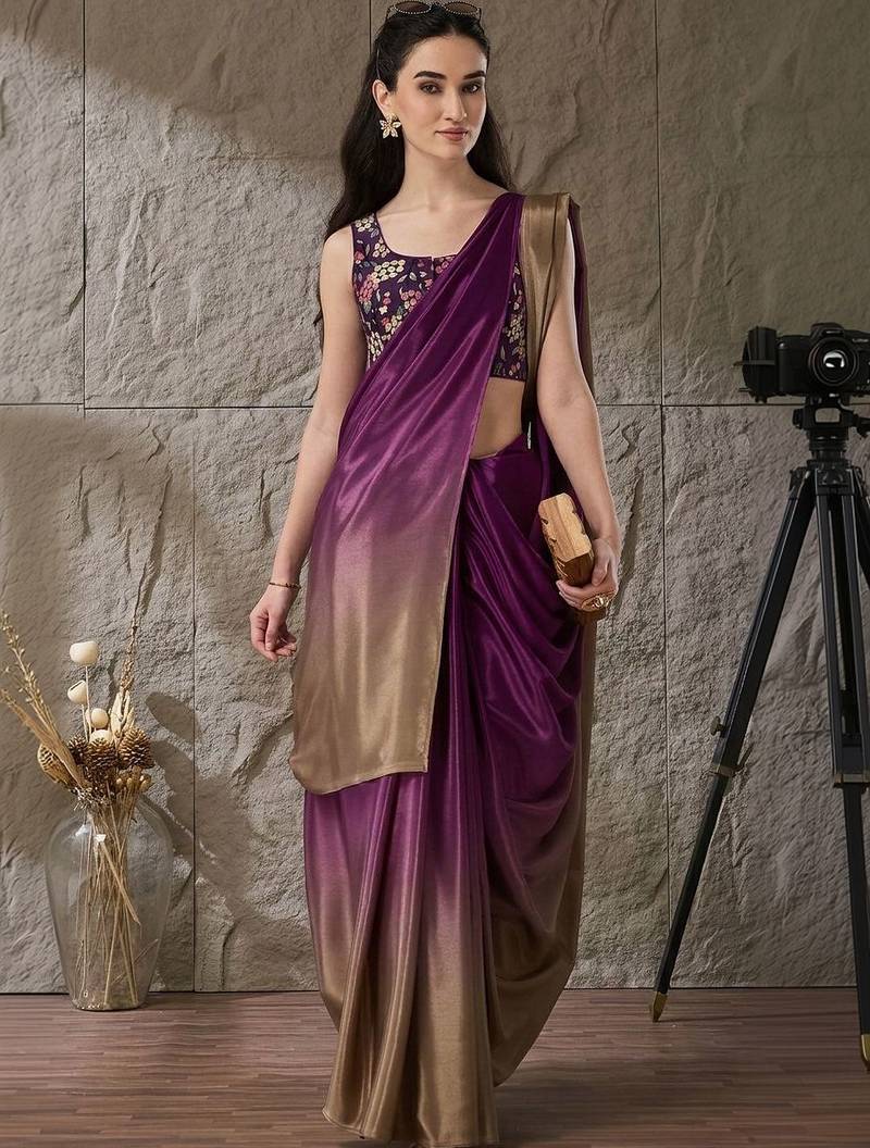 Purple plain satin designer saree with blouse piece