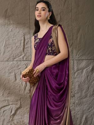 Purple plain satin designer saree with blouse piece 2