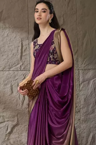 Purple plain satin designer saree with blouse piece