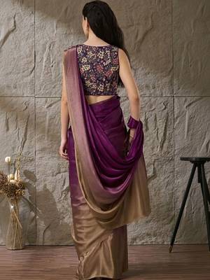 Purple plain satin designer saree with blouse piece 3