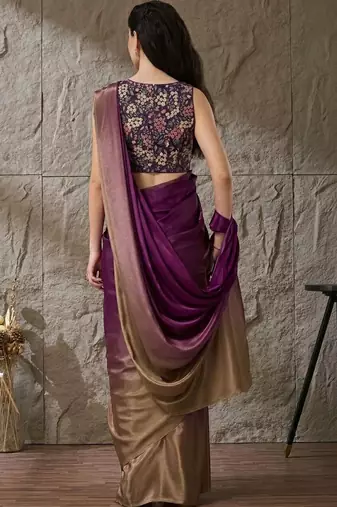 Purple plain satin designer saree with blouse piece