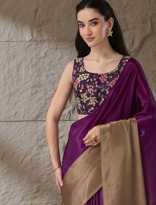 Purple plain satin designer saree with blouse piece 4