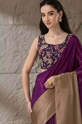 Purple plain satin designer saree with blouse piece