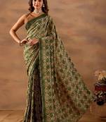 Green printed crepe casual saree with blouse piece