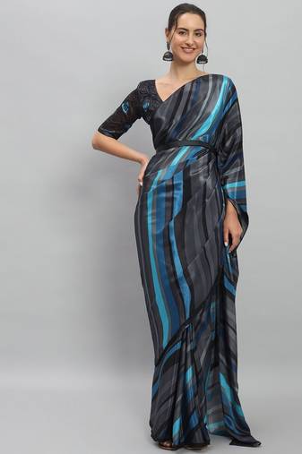 Blue printed satin fashion saree with blouse piece