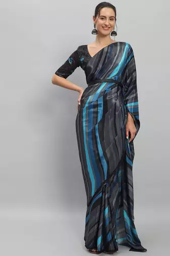Blue printed satin fashion saree with blouse piece