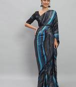Blue printed satin fashion saree with blouse piece