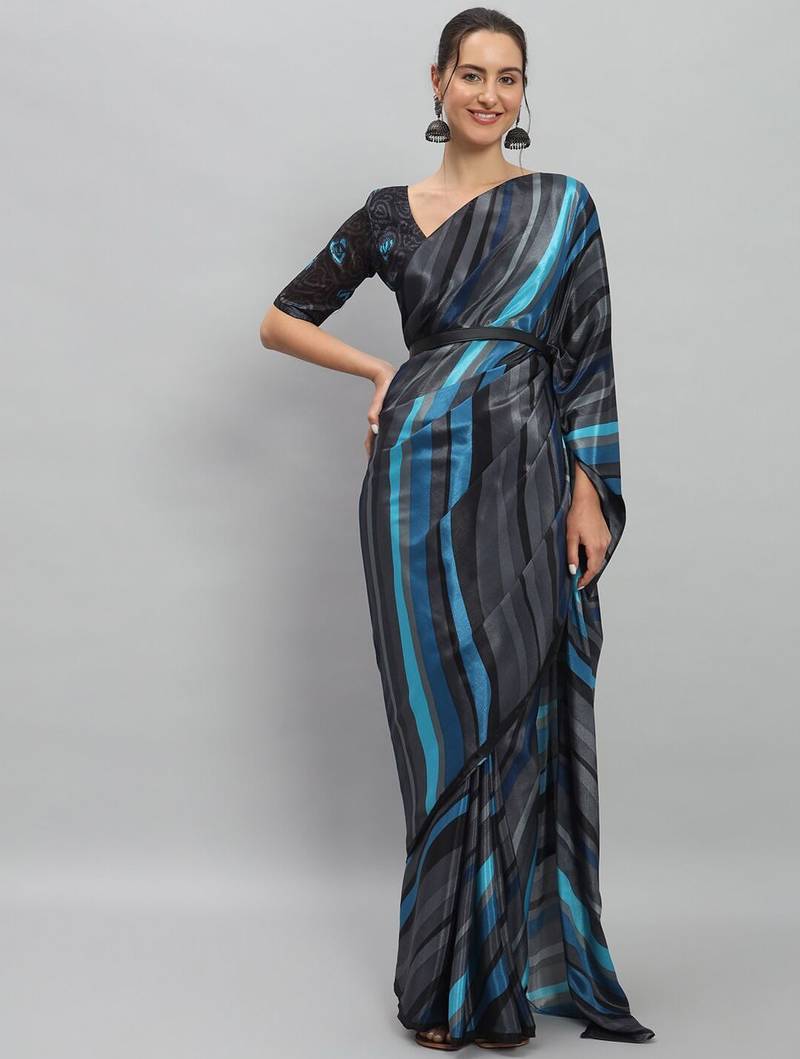 Blue printed satin fashion saree with blouse piece