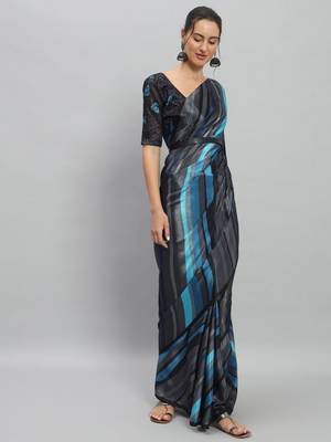 Blue printed satin fashion saree with blouse piece 2