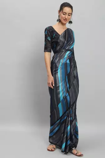 Blue printed satin fashion saree with blouse piece