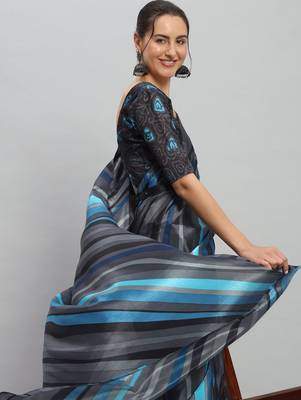 Blue printed satin fashion saree with blouse piece 3