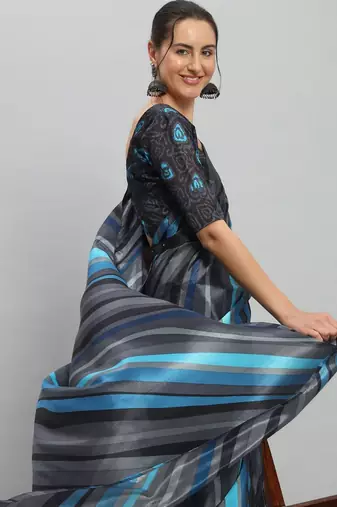 Blue printed satin fashion saree with blouse piece