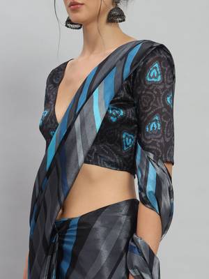 Blue printed satin fashion saree with blouse piece 4